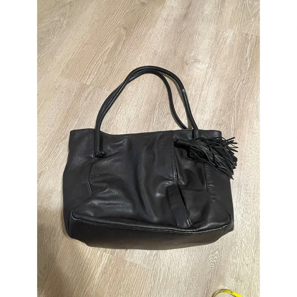 Hobo Black Top Grain Leather Tassel Tote Bag Rolled Straps and Exterior Pocket